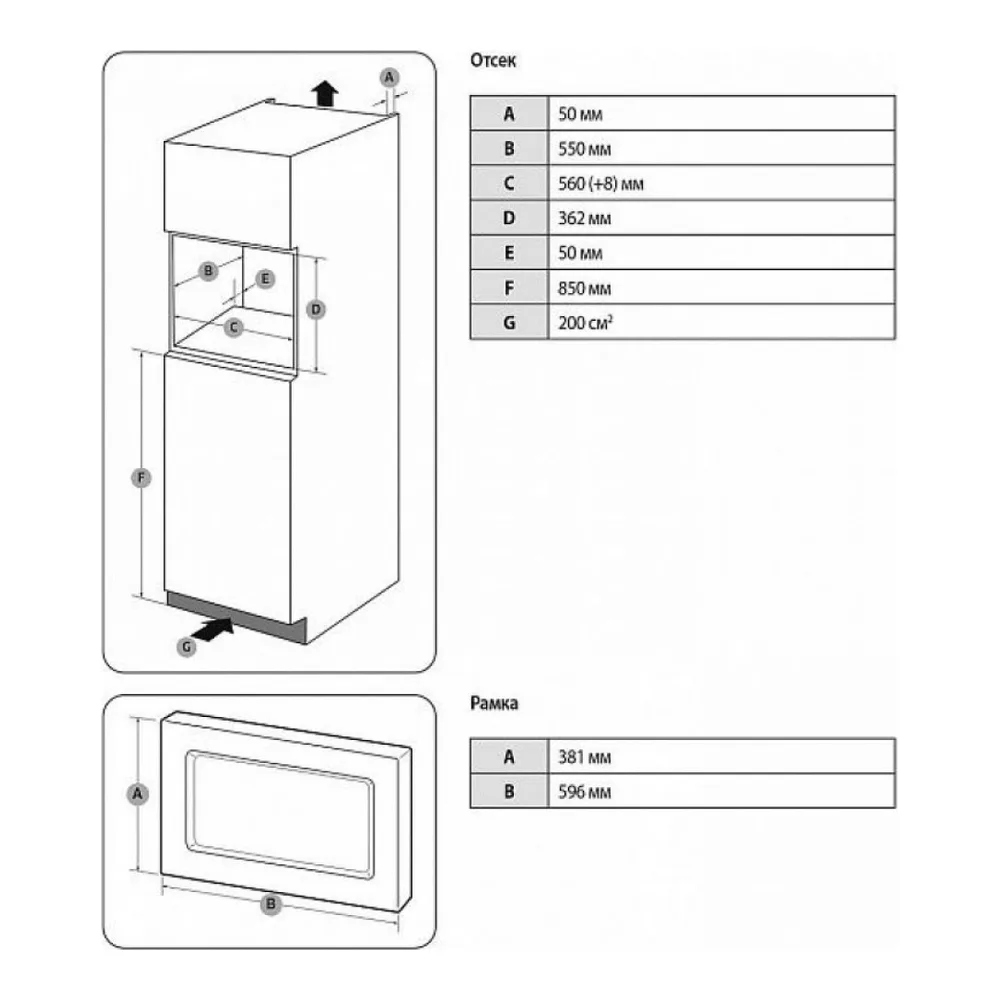 Схема встраивания Микроволновая печь SAMSUNG MG20A7118AK/BW