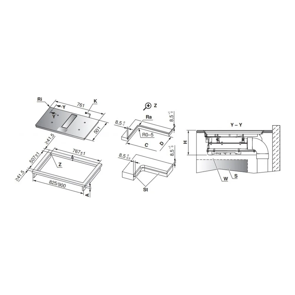 Схема встраивания Варочная панель с вытяжкой V-ZUG CombiCookTop V4000 I804 CCT4T-31096