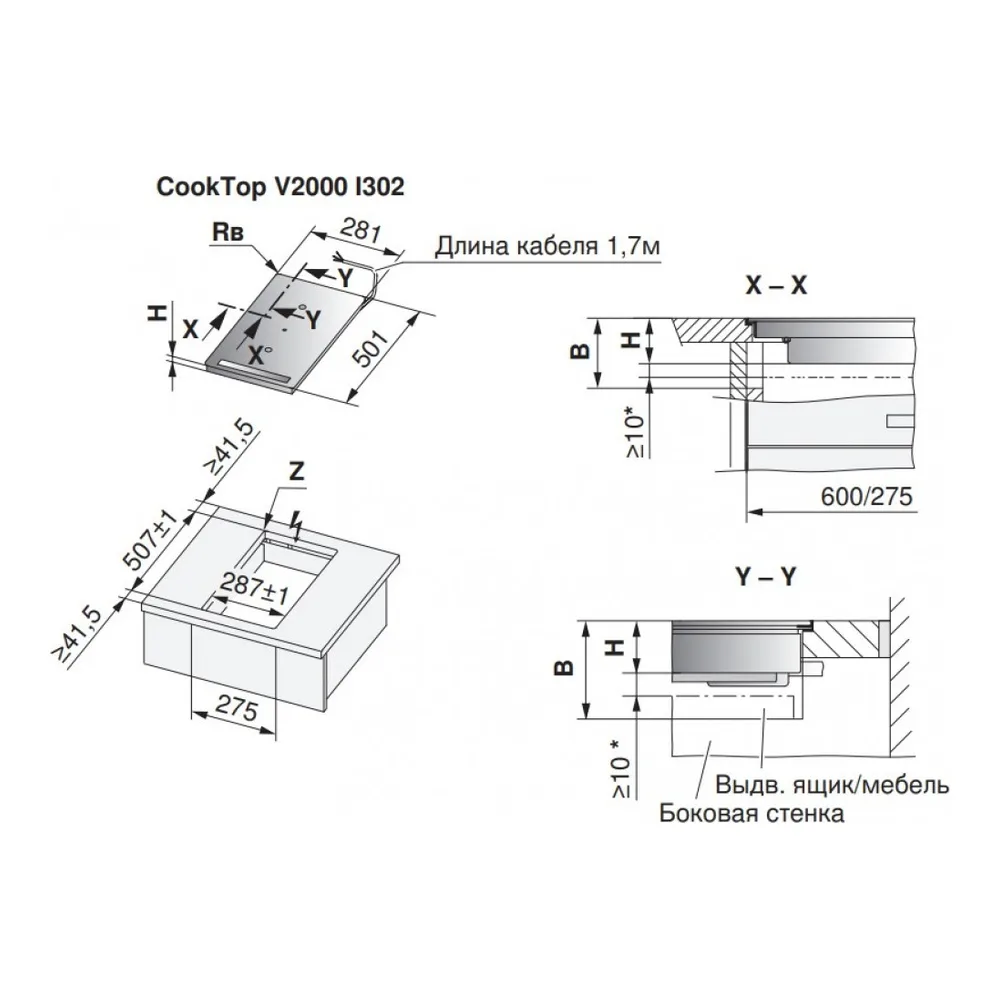 Схема встраивания Варочная панель V-ZUG CookTop V2000 I302 CTI2T-31160
